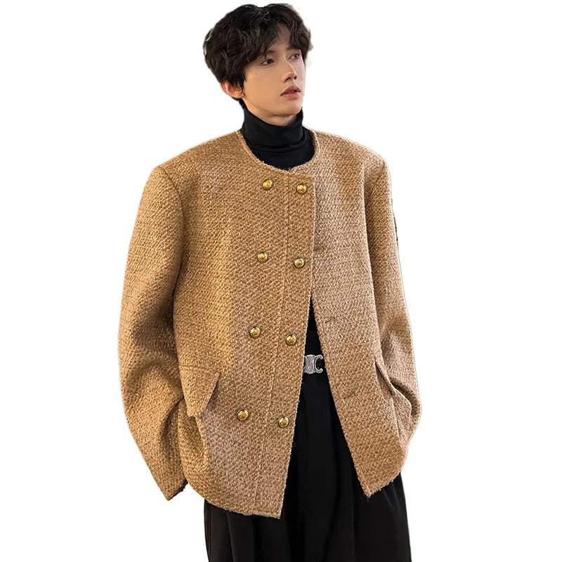 men double breasted french retro loose casual woolen short jacket man korean streetwear show fashion coat autumn outerwear techwear shorts