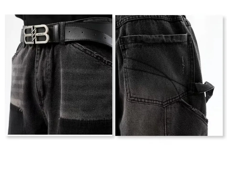 Summer Slim High Street Jeans Mens Washed Rough Edge Patchwork Straight Cowboy Pants Pockets Design Rivets Denim Trousers Thin Street King Limited
