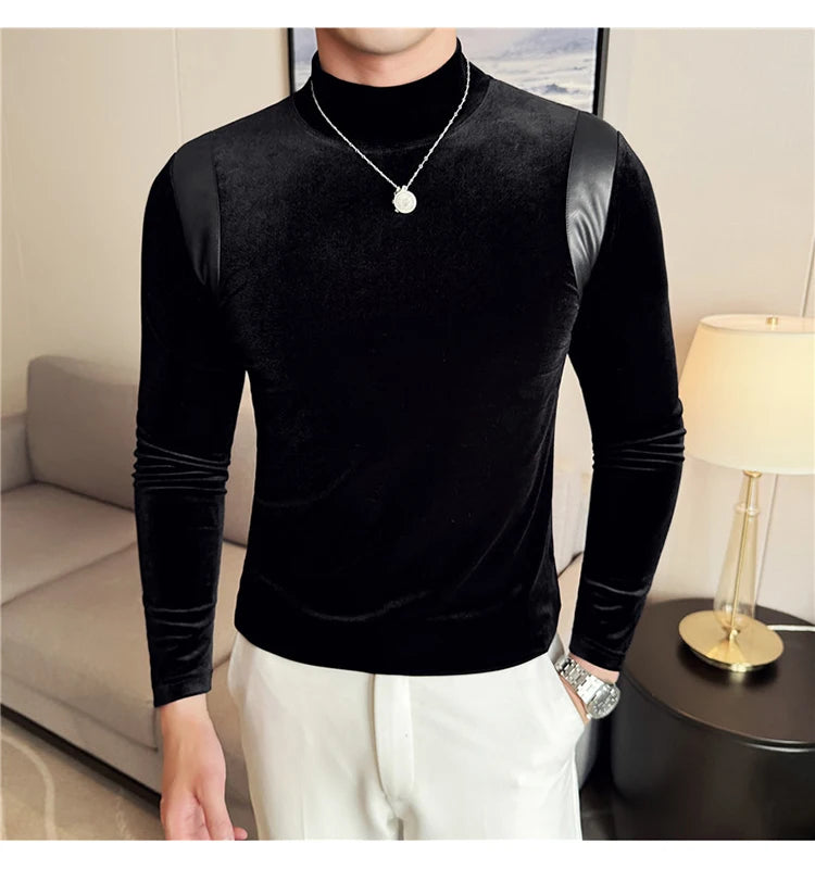 Turtleneck Stretch Slim-fit T-shirt Men Long Sleeve Thicken Elastic Velvet Retro Fashion Casual Tshirt Handsome Man T Shirts Street King Limited