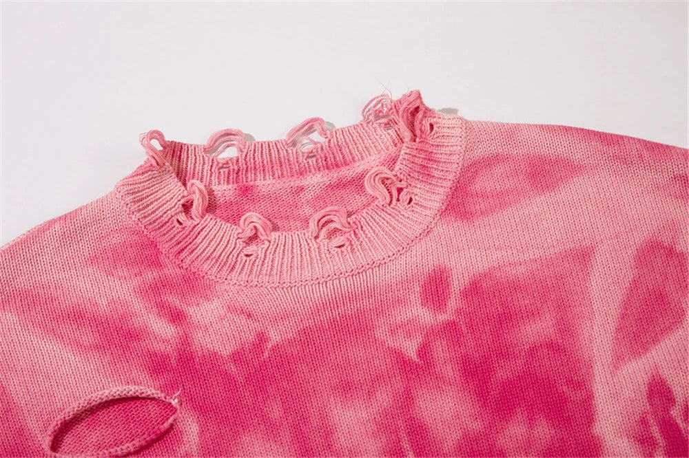 2023 Y2K Hole Knitted Sweater Hip Hop Streetwear Tie Dyed Distressed Ripped Pullover Men Harajuku Casual Knitwear Unisex Street King Limited