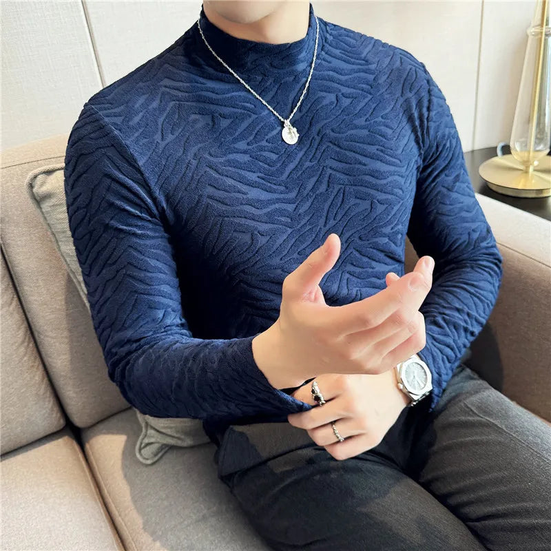 Semi-turtleneck Stretch Slim Fit T Shirt Men Long Sleeve Thicken Velvet Tiger-pattern Bottom T-shirt Business Casual Tshirt Street King Limited