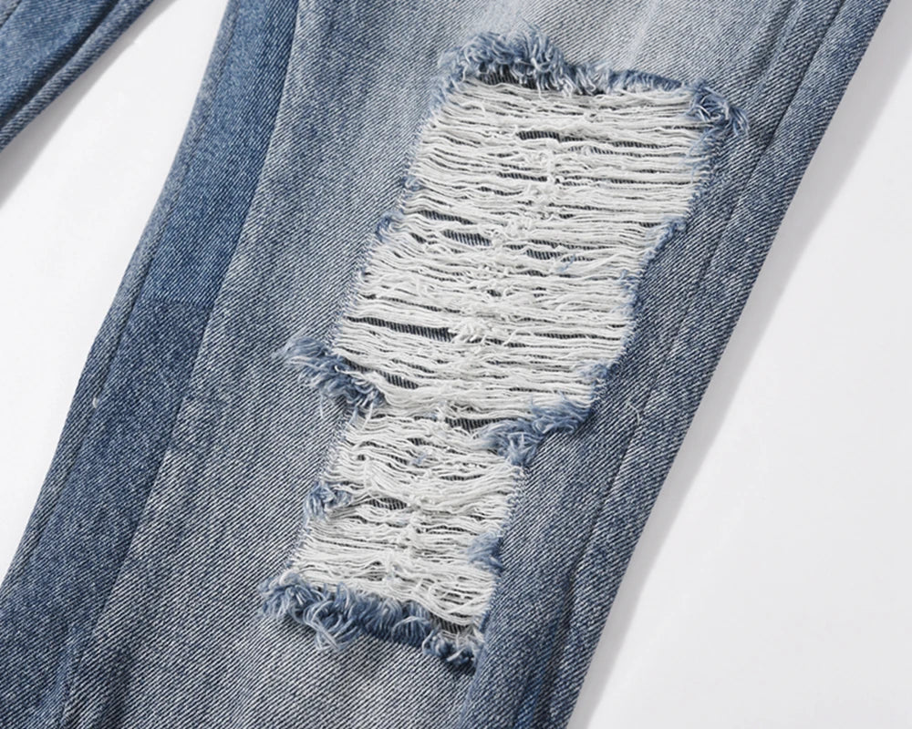 Contrast Color Hole Washed Blue Jeans for Men Streetwear Loose Ripped Flare Pants Frayed Retro Casual Oversized Denim Trousers Street King Limited