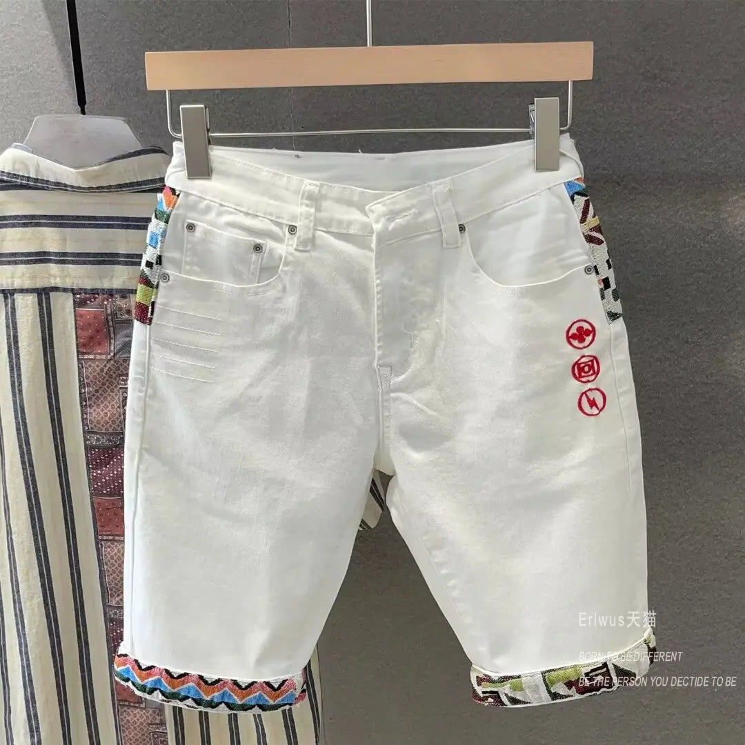 Summer New Denim Shorts Men's Stitching Embroidery Ripped Knee-length Shorts White 2024 Korean Fashion High Quality Jeans Street King Limited