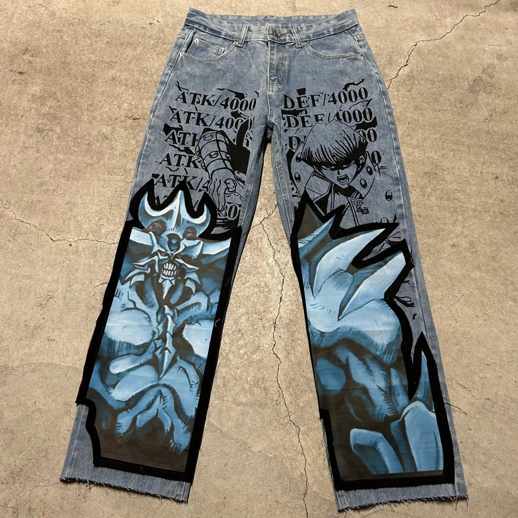 harajuku slifer the sky dragon print y2k men s jeans popular anime baggy jeans wide leg pants streetwear trouser men clothing unique jeans style 4369
