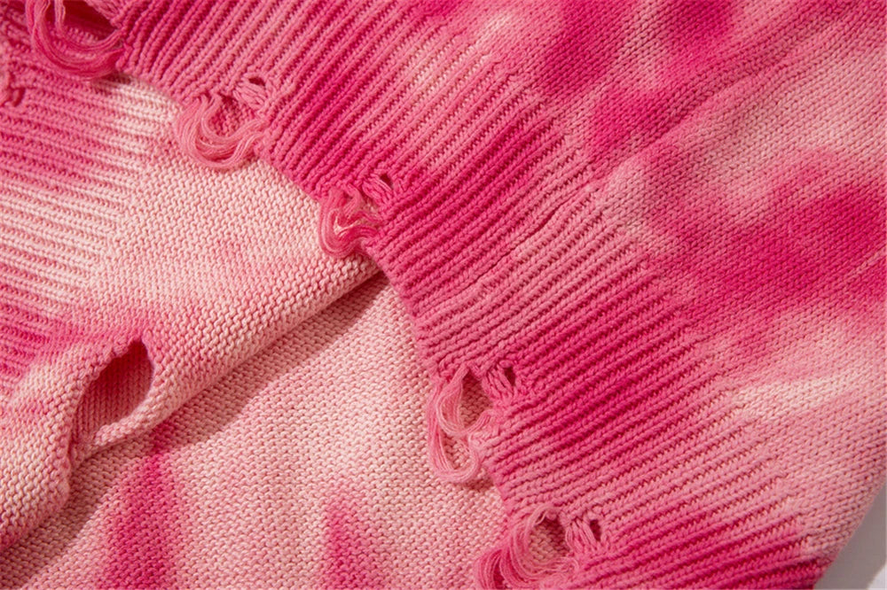 2023 Y2K Hole Knitted Sweater Hip Hop Streetwear Tie Dyed Distressed Ripped Pullover Men Harajuku Casual Knitwear Unisex Street King Limited