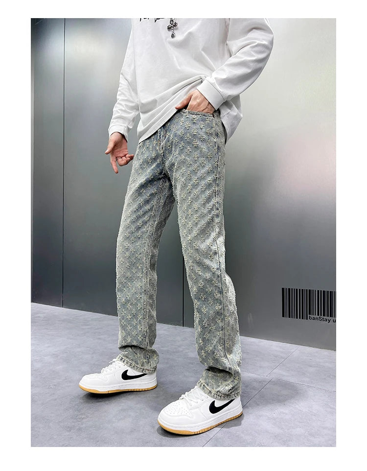 Men Wide Leg Denim Pants High Street American Retro Jacquard Loose Straight Jeans Y2K Fashion Streetwear Baggy Trousers Street King Limited