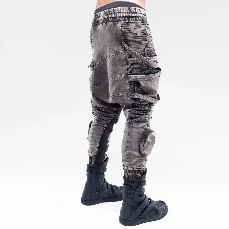 vintage motorcycle trousers joggers mens asymmetric straped pleated cross pants function elastic waist trousers sporty tapered joggers