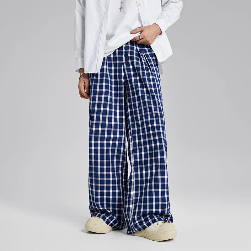 men women american streetwear fashion loose plaid wide leg straight pant boyfriend button down sports casual pants trousers menswear bottoms