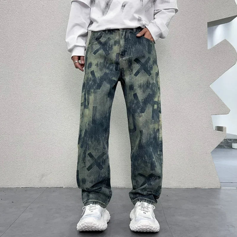 men loose casual american high street hip hop vibe printed denim baggy jeans pants man streetwear ripped jeans trousers vintage washed jeans