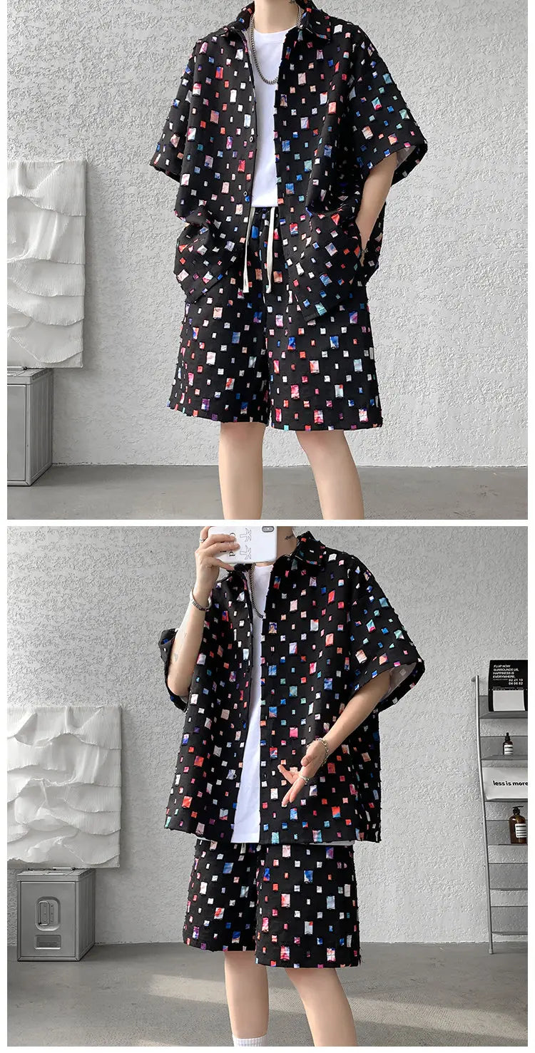 Summer Sets Men Fashion Short Sleeved Shirt Shorts Two-piece Men Korean Loose Hollow Out Set Mens Short Sets Plus Size M-5XL Street King Limited