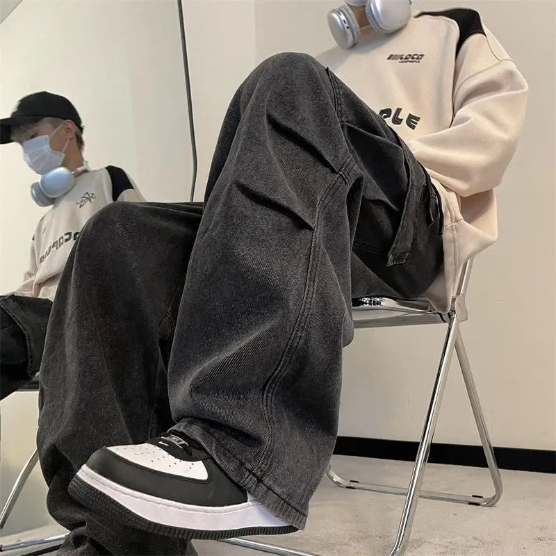 spring and autumn high street men and women trendy american washed straight leg jeans couple american loose retro casual pants denim street jeans