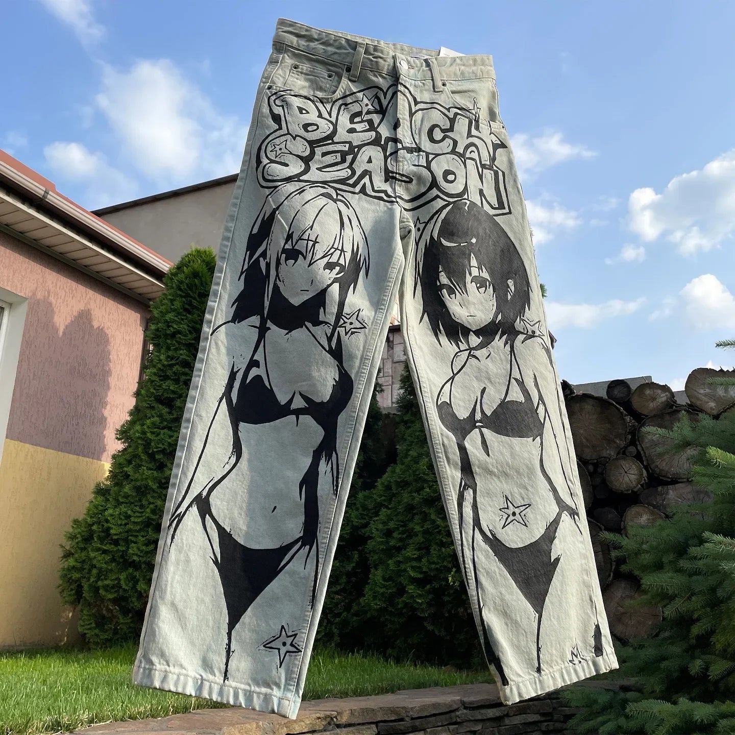 harajuku sunny sexy girl anime print baggy jeans new style wide leg trouser y2k popular streetwear men women high waist pants unique jeans style 4204
