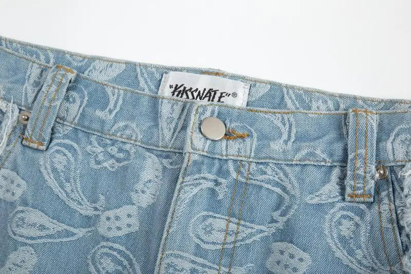 vintage high street washed light blue flared jeans cashew flower jacquard pattern rough edge jeans pants for men and women unique jeans style 926