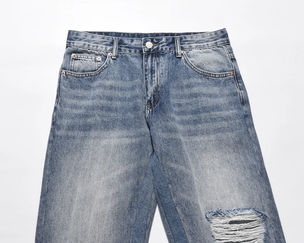 Contrast Color Hole Washed Blue Jeans for Men Streetwear Loose Ripped Flare Pants Frayed Retro Casual Oversized Denim Trousers Street King Limited