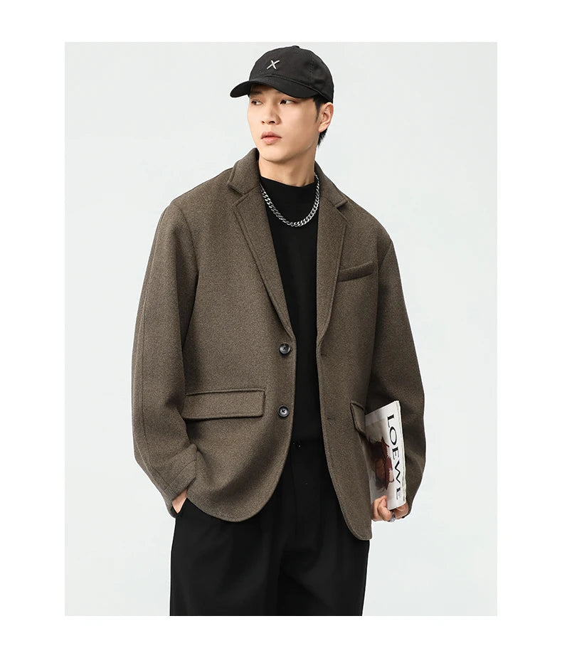 autumn winter men business casual fashion retro woolen thick blazer jacket korean streetwear plus size suit coat outerwear unique default style 1343