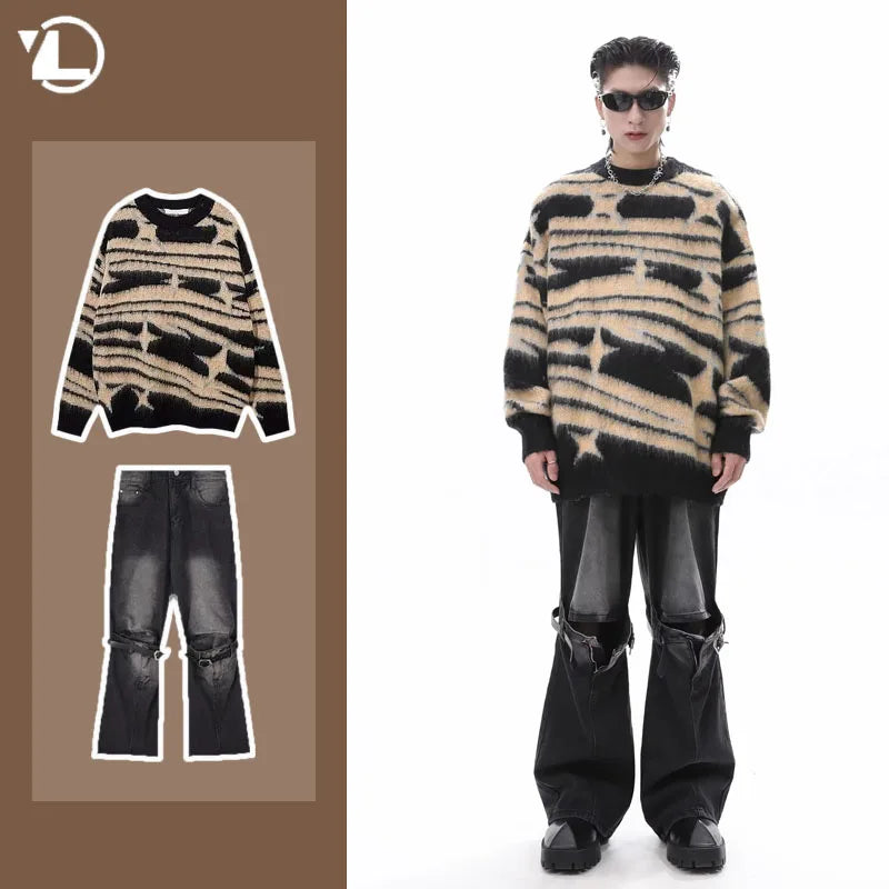 japanese hip hop sweater set men contrast zebra pattern round neck knit top splicing distressed loose jeans 2 pcs harajuku suit denim street jeans
