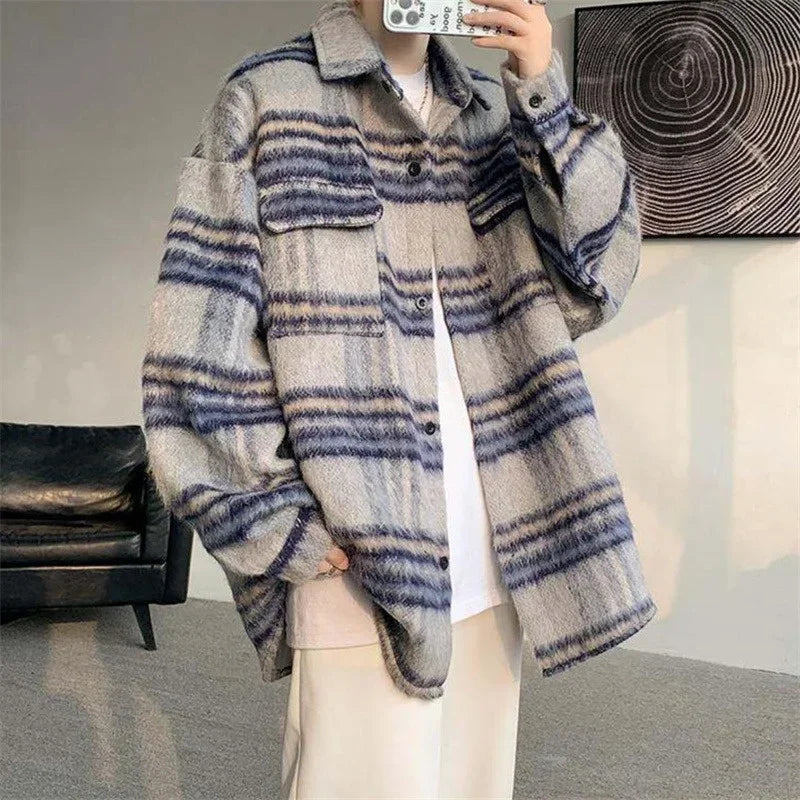 winter y2k vintage striped woolen jackets for men patchwork long sleeve plaid cardigan coats high street cargo shirt jacket unique cargo style 62