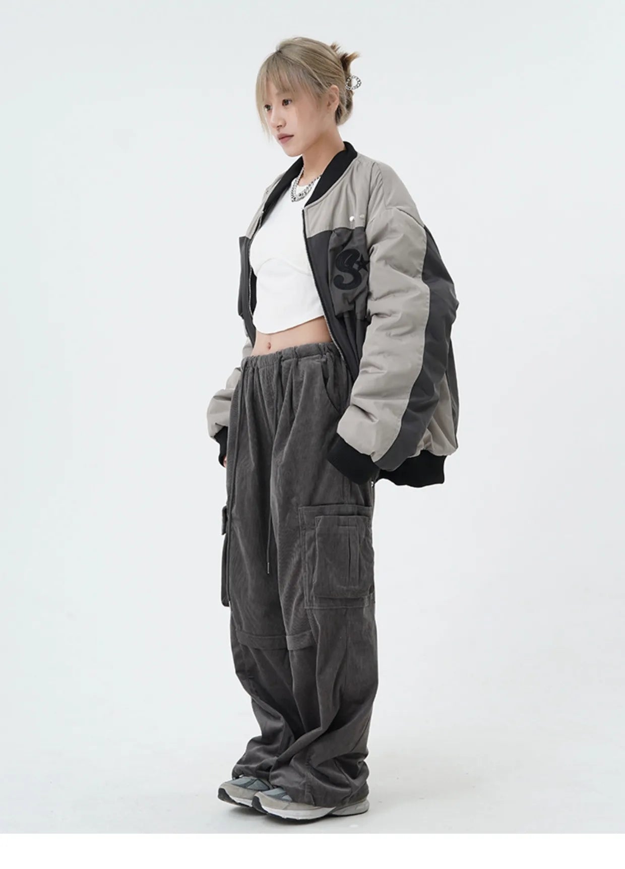 women high street corduroy pants casual elastic waist side pocket loose straight pant unisex hip hop y2k loose streetwear jogger unique joggers style 1349