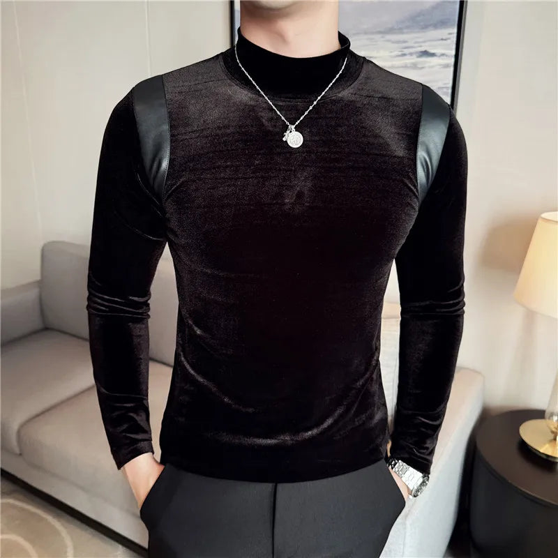 Turtleneck Stretch Slim-fit T-shirt Men Long Sleeve Thicken Elastic Velvet Retro Fashion Casual Tshirt Handsome Man T Shirts Street King Limited