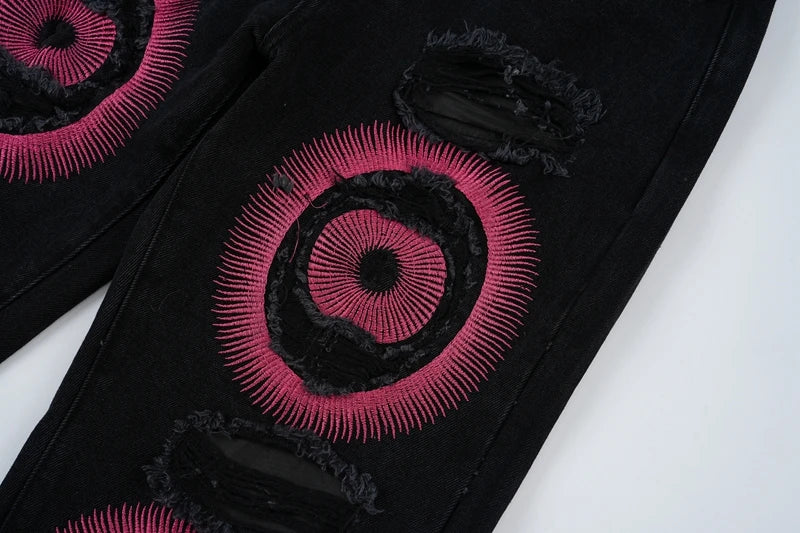 y2k streetwear embroidered ripped wide jeans for men washed destroyed torn flared jean male tassels hip hop jeans pants baggy unique jeans style 5173