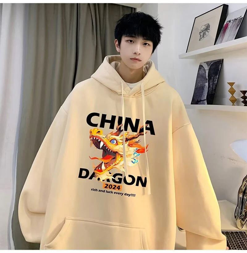 2024 New China Dragon Graphic Hoodies Men Hip Hop Streetwear Hoodie Sweatshirt Harajuku Fleece Printed Pullover Hoody Clothes Street King Limited