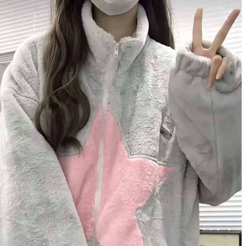 High Quality Plush Coat Pink Stars Zip Sweater Autumn Winter Jacket Women Warm Casual Slouchy Style Y2k Top Korean Fashion Coats Street King Limited