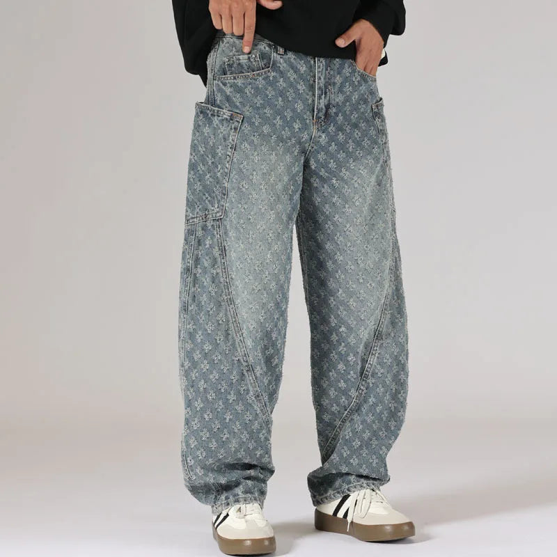 men brand fashion loose casual splice pocket jacquard vintage wide leg baggy jeans cityboy denim baggy jeans pants trousers vintage washed jeans