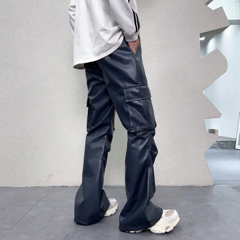 pu leather pants mens streetwear fashion hip hop vibe casual faux leather cargo flared pant men motorcycle trousers unique cargo style 2936