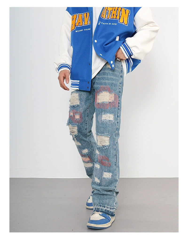 destroyed ripped jeans straight jean pants men biker jeans fashion zipper streetwear trousers hip hop pants joggers baggy jeans unique joggers style 2161