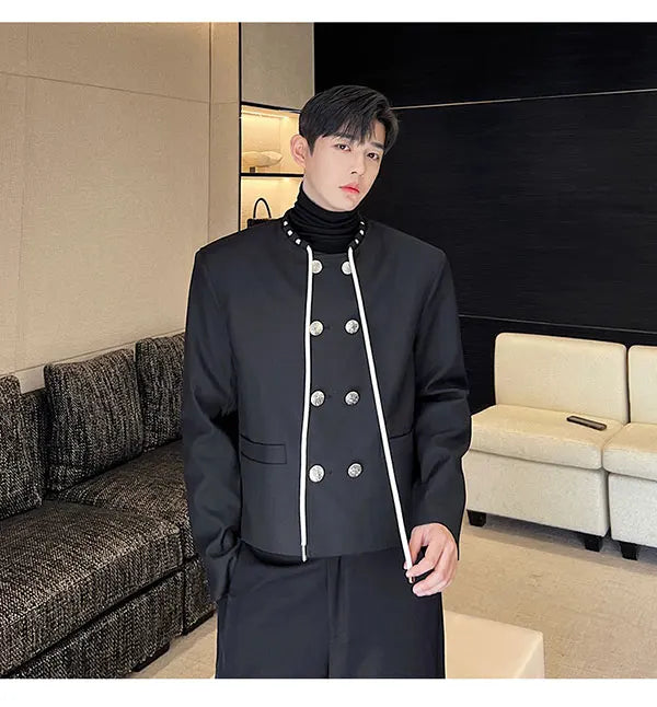 men double breasted drawstring collar loose casual fashion short jacket male korean streetwear vintage coat man unique shorts style 367
