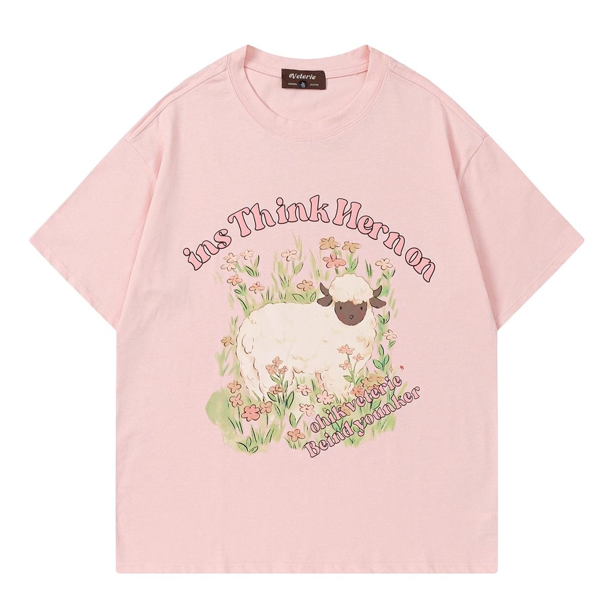Trendy retro casual couple loose fitting lamb print graphic T-shirt summer men and women street short sleeved top harajuku y2k Street King Limited