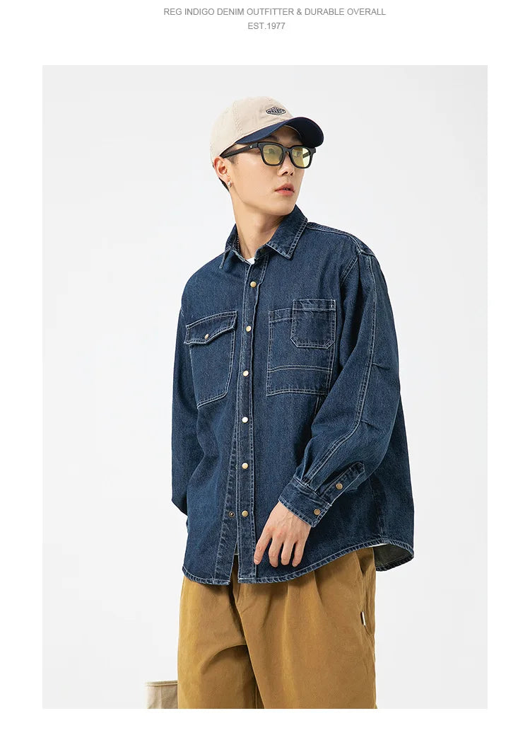 Vintage Men's Spring And Autumn New Washed Distressed Denim Shirt Jacket Loose Casual Long-Sleeved Coat Jacket Street King Limited