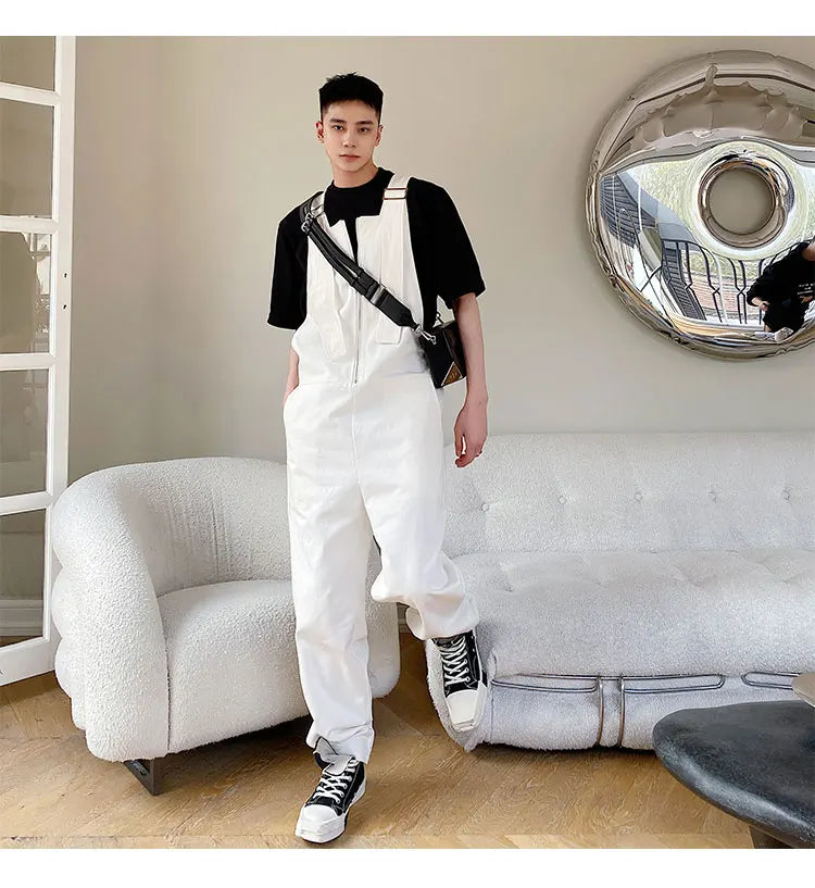 Trendy Men's Shoulder Strap Jumpsuit Pants Washed Loose Fitting Workwear Pants Multi Pocket Streetwear Cargo Suspenders Pants Street King Limited