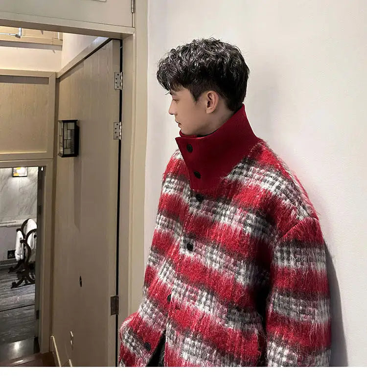 men turtleneck trendy brand fashion stripe christmas woolen bomber jacket women oversize plaid top coat outerwear unique default style 1153