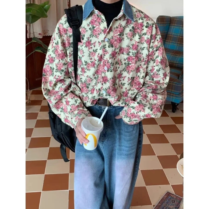 mens shirt jacket spring 2024 high street fashion single breasted coats lapel patchwork loose unisex american casual tops urban fashion pants