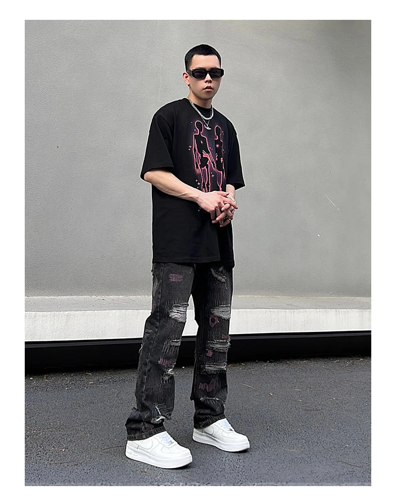 harajuku irregular scratched ripped holes denim jeans men zipper jeans hip hop streetwear new casual straight joggers jean pants unique joggers style 2945