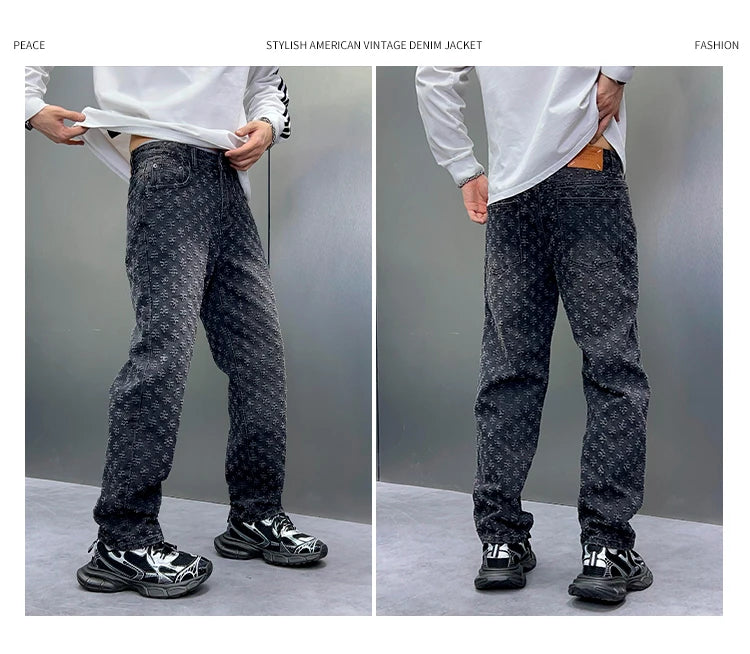 Men Wide Leg Denim Pants High Street American Retro Jacquard Loose Straight Jeans Y2K Fashion Streetwear Baggy Trousers Street King Limited