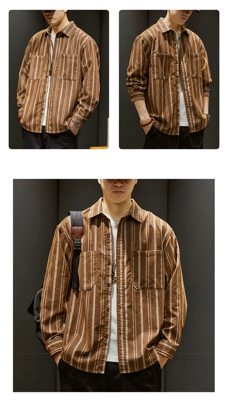 Streetwear Autumn Loose Striped Long Sleeve Shirts For Men Korean Fashion High Qu Autumn Loose Striped Long Sleeve Shirts For Men Korean Fashion High Quality Casual Shirt Y2K Streetwear Stand Collar T Shirts Fashion Sweater Jacket With Graphic Design For Men
