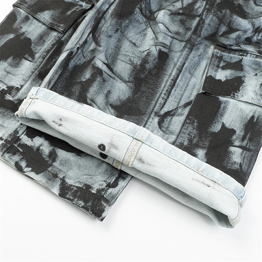 vintage dirty tie dye baggy jeans men multi pocket loose white straight jeans trousers luxury designer oversized denim pant unique jeans style 1935