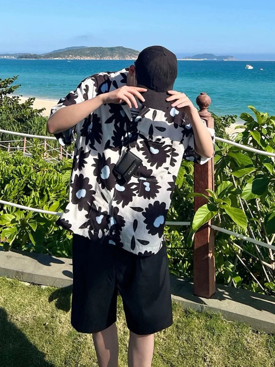 Summer 24SS Vintage Retro Black Flower Direct Print High-Street Casual Beach Style Quality Cold Short Sleeve Shirt Street King Limited