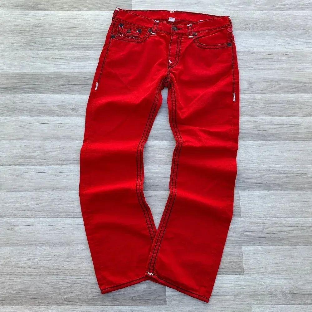 true faith embroidered jeans vintage street gothic loose casual denim hip hop red trousers couples baggy pants y2k clothes unique jeans style 3926