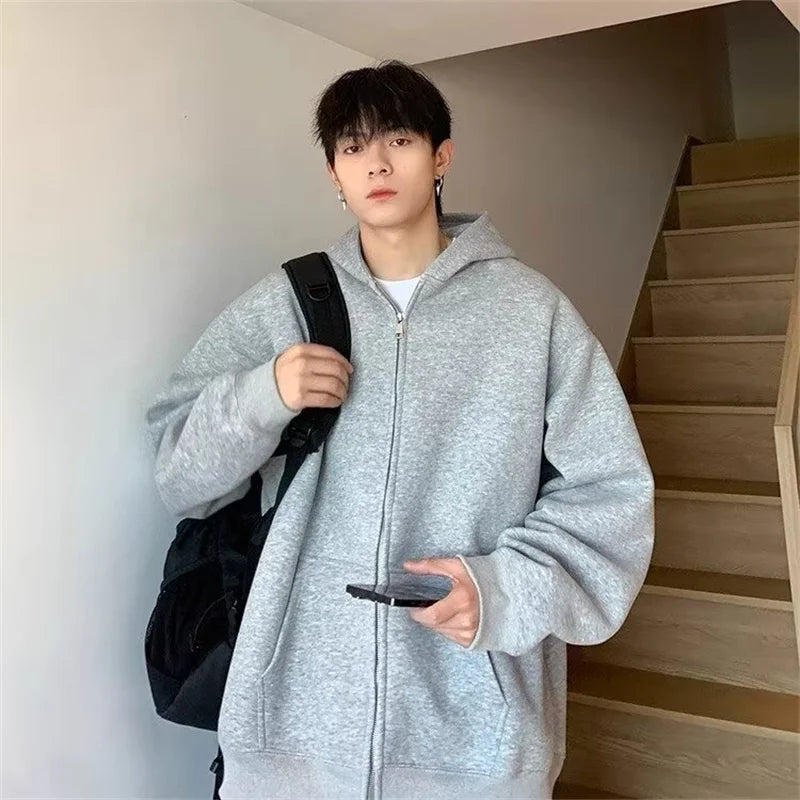 winter mens fleece zipper hooded sweatshirts 2025 new classic solid color oversized hoodies y2k streetwear outerwear tracksuit unique default style 25