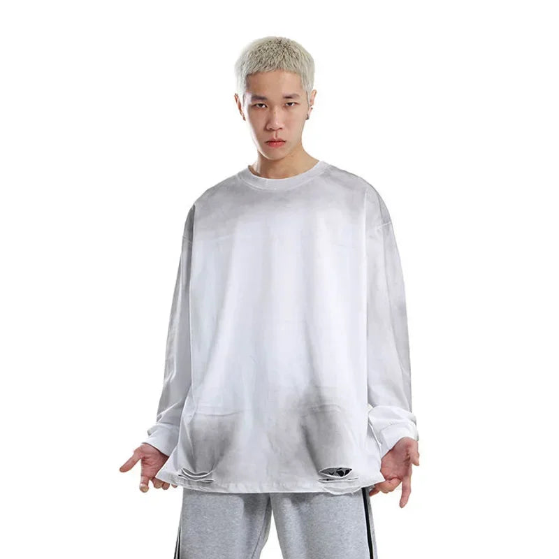 Men's Streetwear Hole Washed Cotton Long Sleeve Loose Casual T Shirt Tiki Y2k Clothes Oversized T-shirt for Men Tops Tshirt Street King Limited