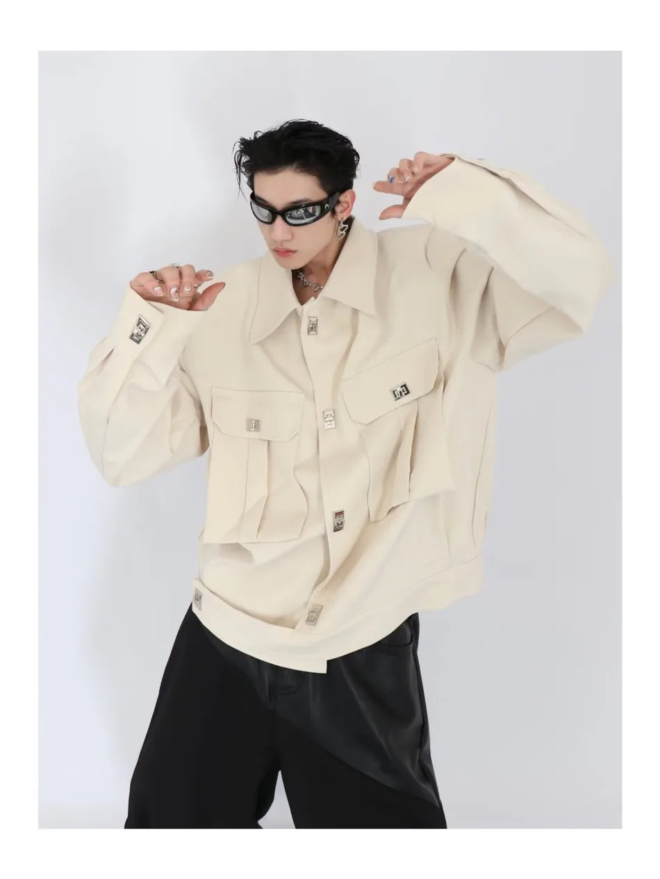 trendy high street jacket mens unisex metal button shoulder pad short coats multi pocket punk hip hop loose outwear oversized unique shorts style 3533