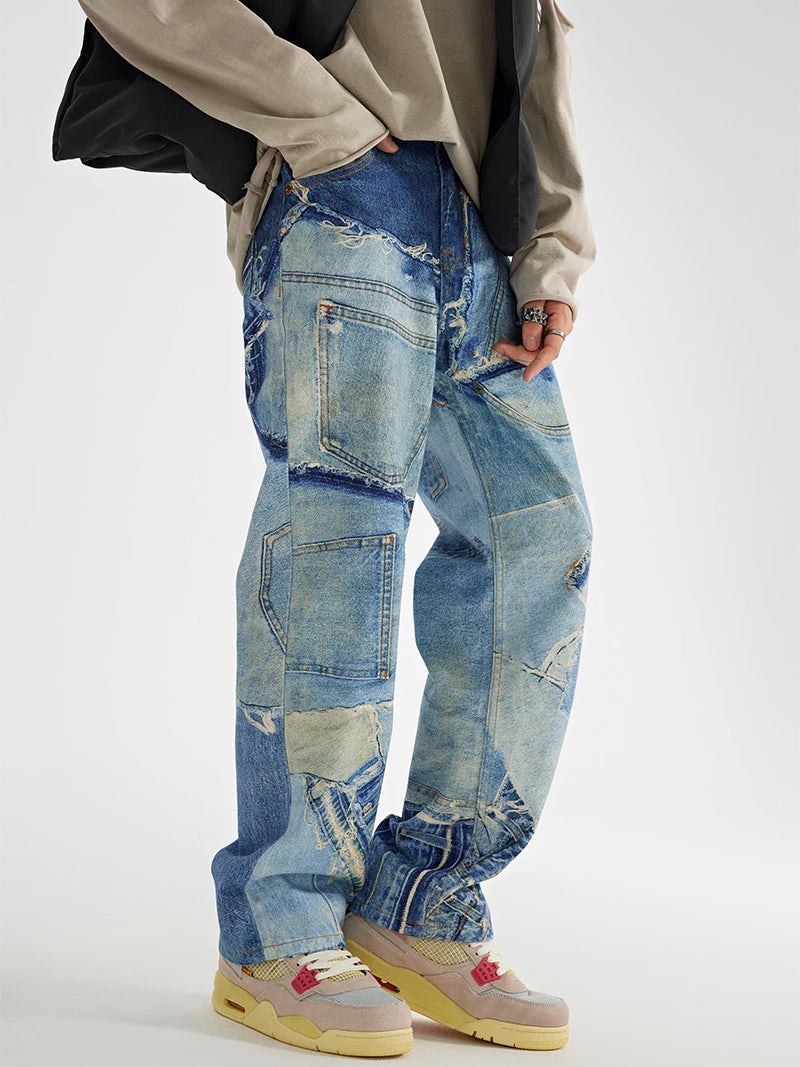 fashion fake patchwork printed denim jeans mens new casual zipper straight loose jeans streetwear hip hop baggy pants joggers casual joggers