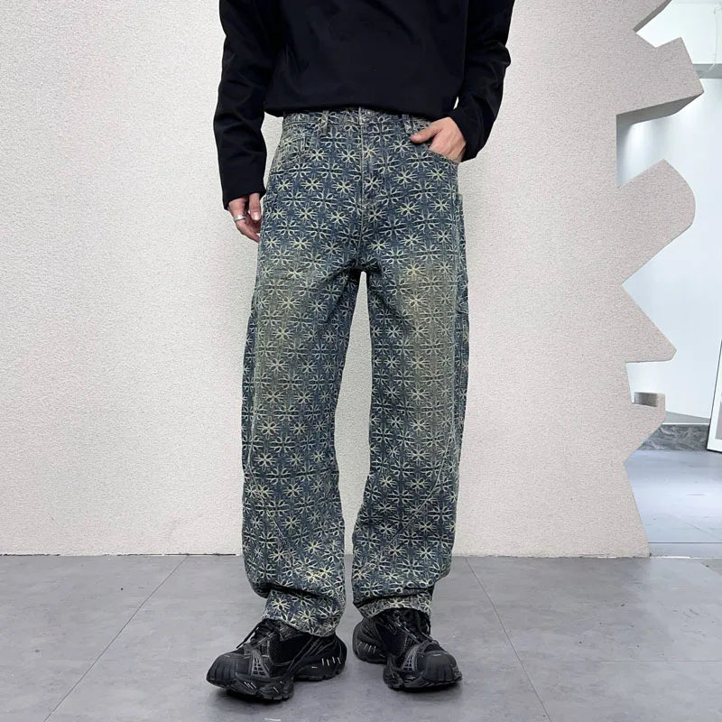 men jacquard loose casual hip hop vibe splice pocket denim baggy jeans pants man streetwear ripped jeans trousers boyfriend unique jeans style 3001