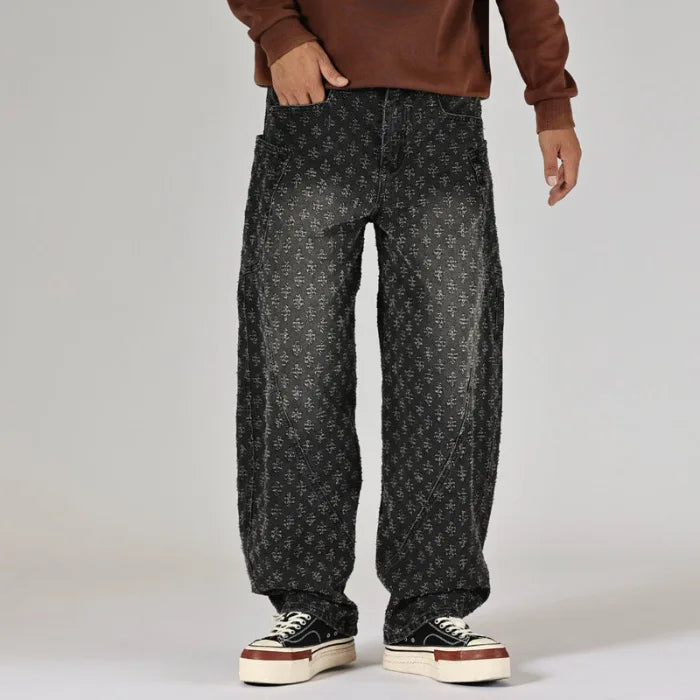 men brand fashion loose casual splice pocket jacquard vintage wide leg baggy jeans cityboy denim baggy jeans pants trousers unique jeans style 2865