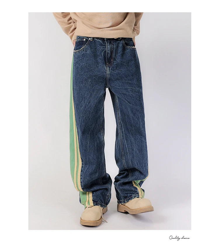men streetwear fashion side splice hip hop loose casual wide leg straight baggy jeans pant cityboy jeans pants trousers unique jeans style 2497