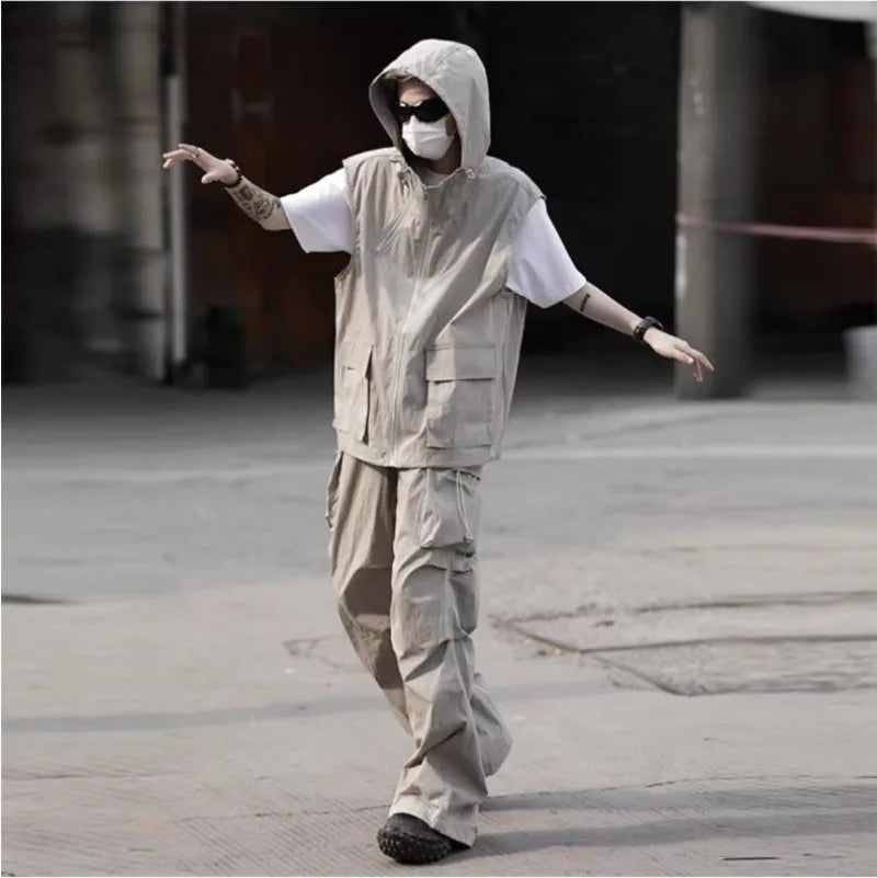 summer casual sleeveless set men hip hop loose hooded vest pockets straight leg cargo pants 2 piece outdoors sports camp suit unique cargo style 3827