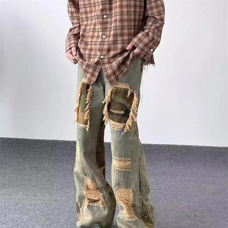 hip hop camouflage ripped patchwork denim pants for men y2k vintage streetwear wide leg jean 2025 new distressed baggy jeans ripped baggy denim
